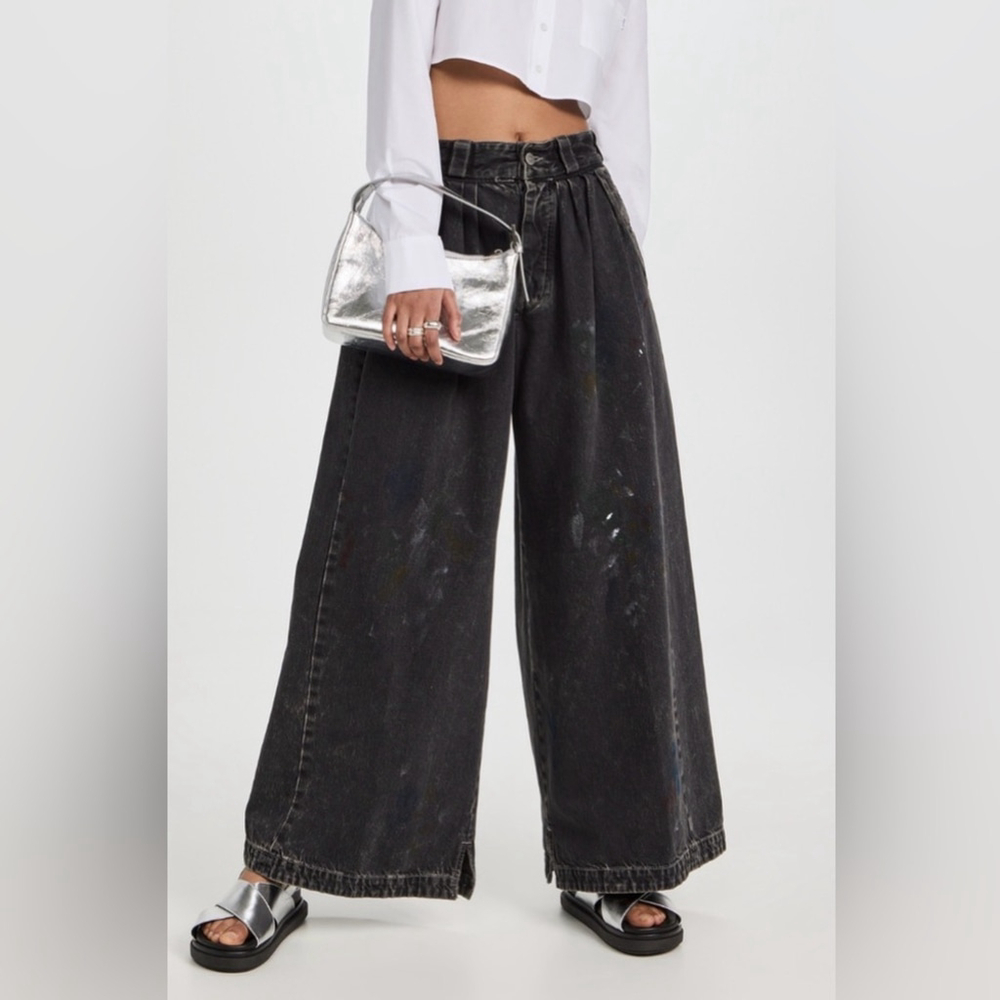 MM6 Maison Margiela Paint Splatter Wide Leg Denim Pants Black Size Small